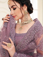Myra Violet Heavy Embroidered Net Lehenga | Grocsy