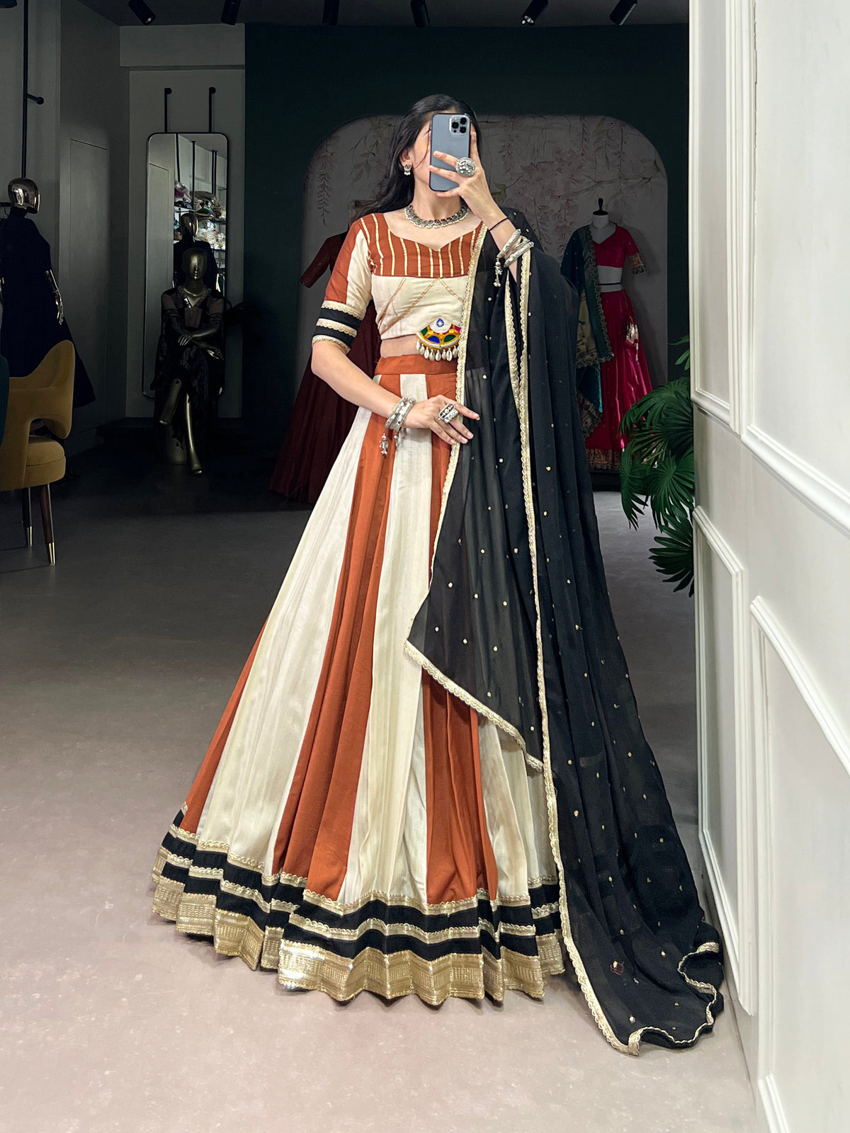 Lorenvalley Cream Chinon Sequins Lace Touch Up Lehenga Choli with Dupatta | Grocsy