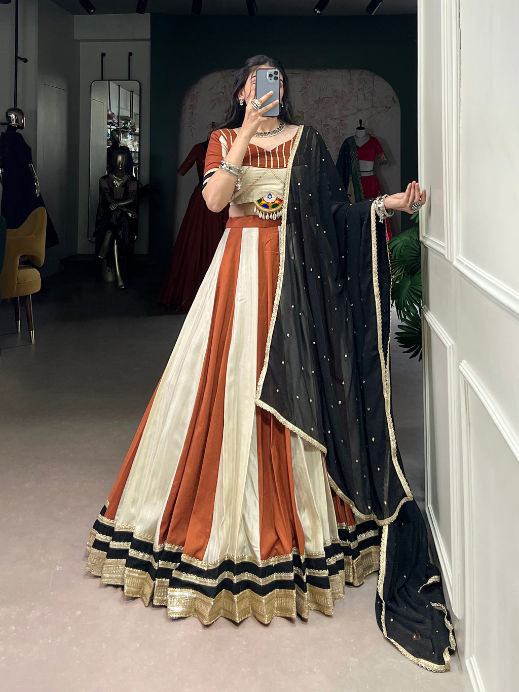 Lorenvalley Cream Chinon Sequins Lace Touch Up Lehenga Choli with Dupatta | Grocsy