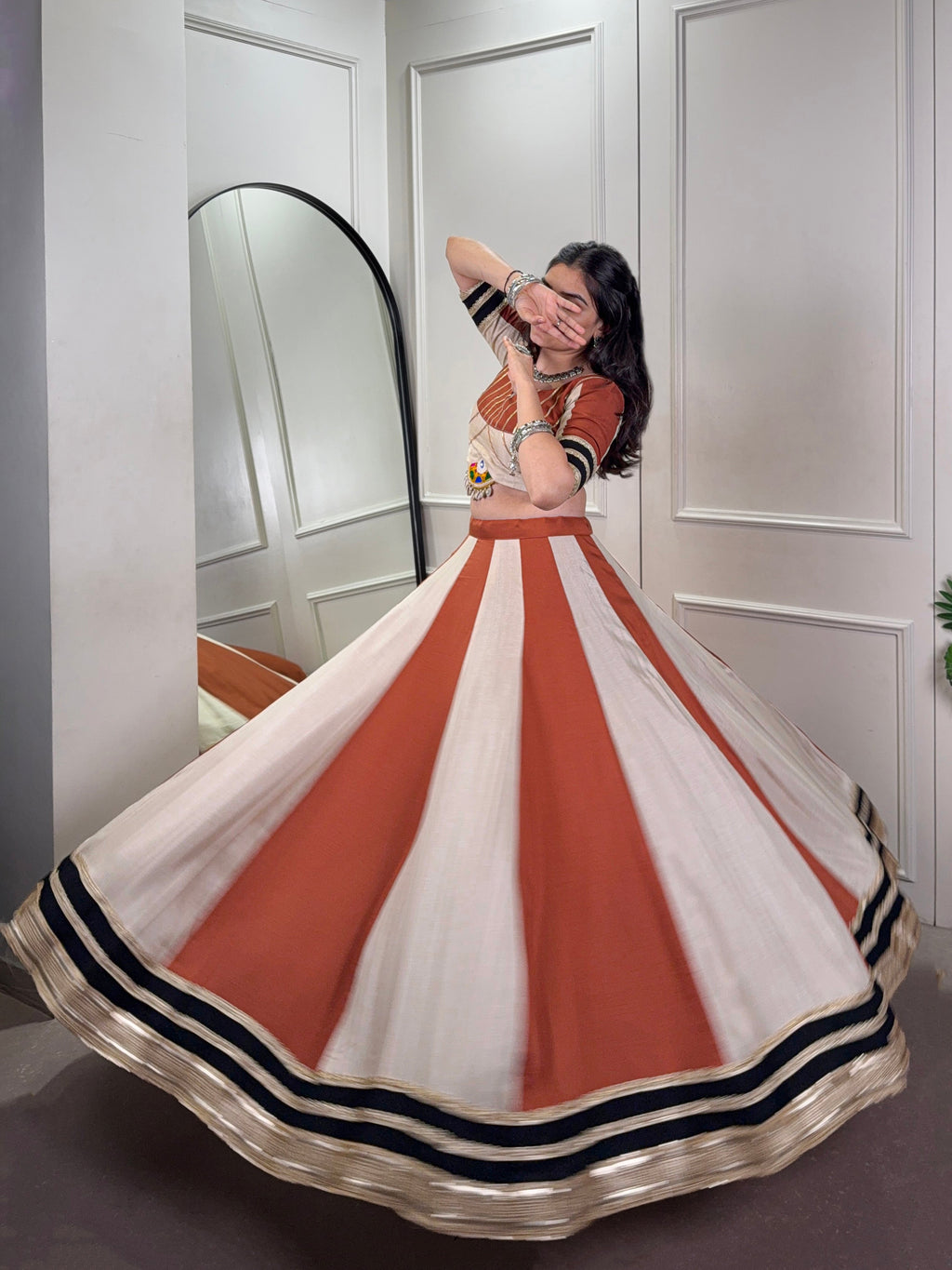 Lorenvalley Cream Chinon Sequins Lace Touch Up Lehenga Choli with Dupatta | Grocsy