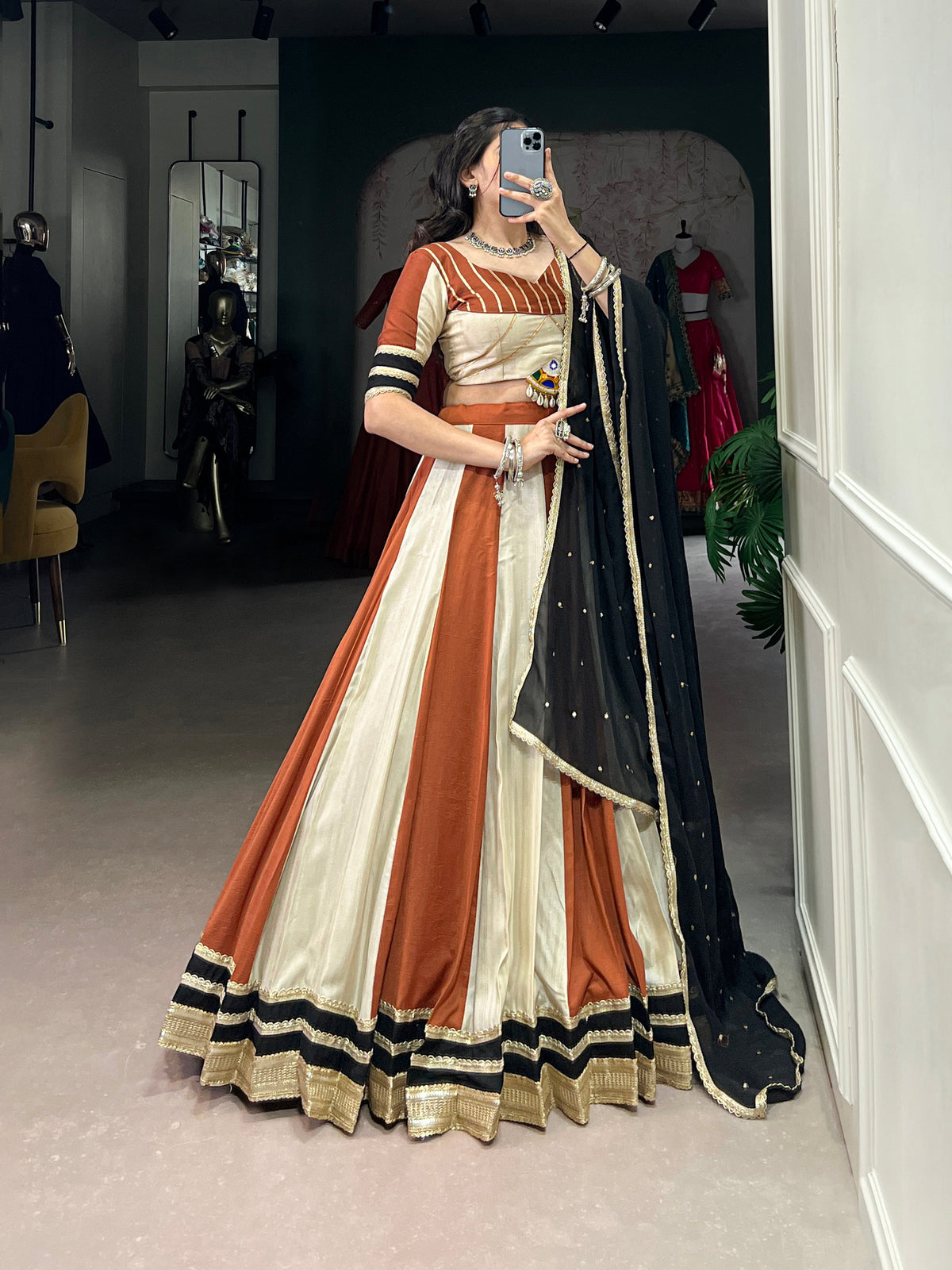 Lorenvalley Cream Chinon Sequins Lace Touch Up Lehenga Choli with Dupatta | Grocsy