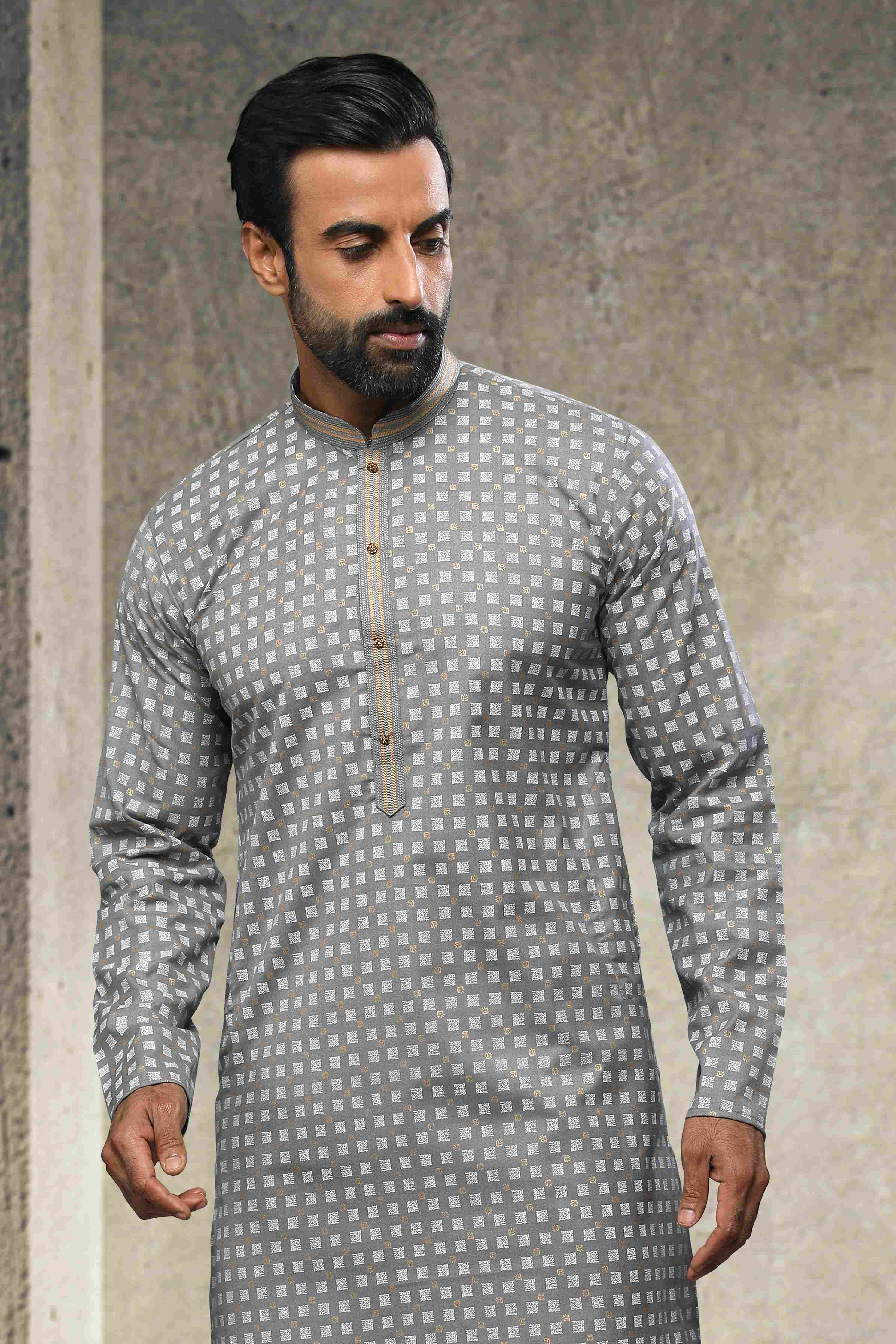 Raivat Ethnic Cotton Printed Work Kurta Pajama In Grey Colour | Grocsy