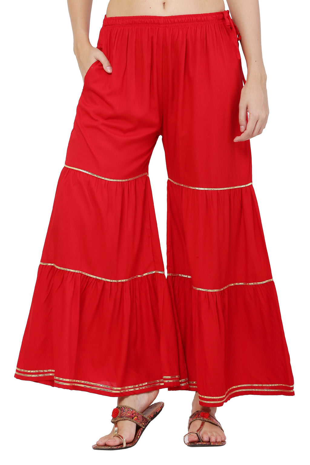 PAVONINE Red Color 3-Panels Golden Gota Flared Sharara For Women | Grocsy