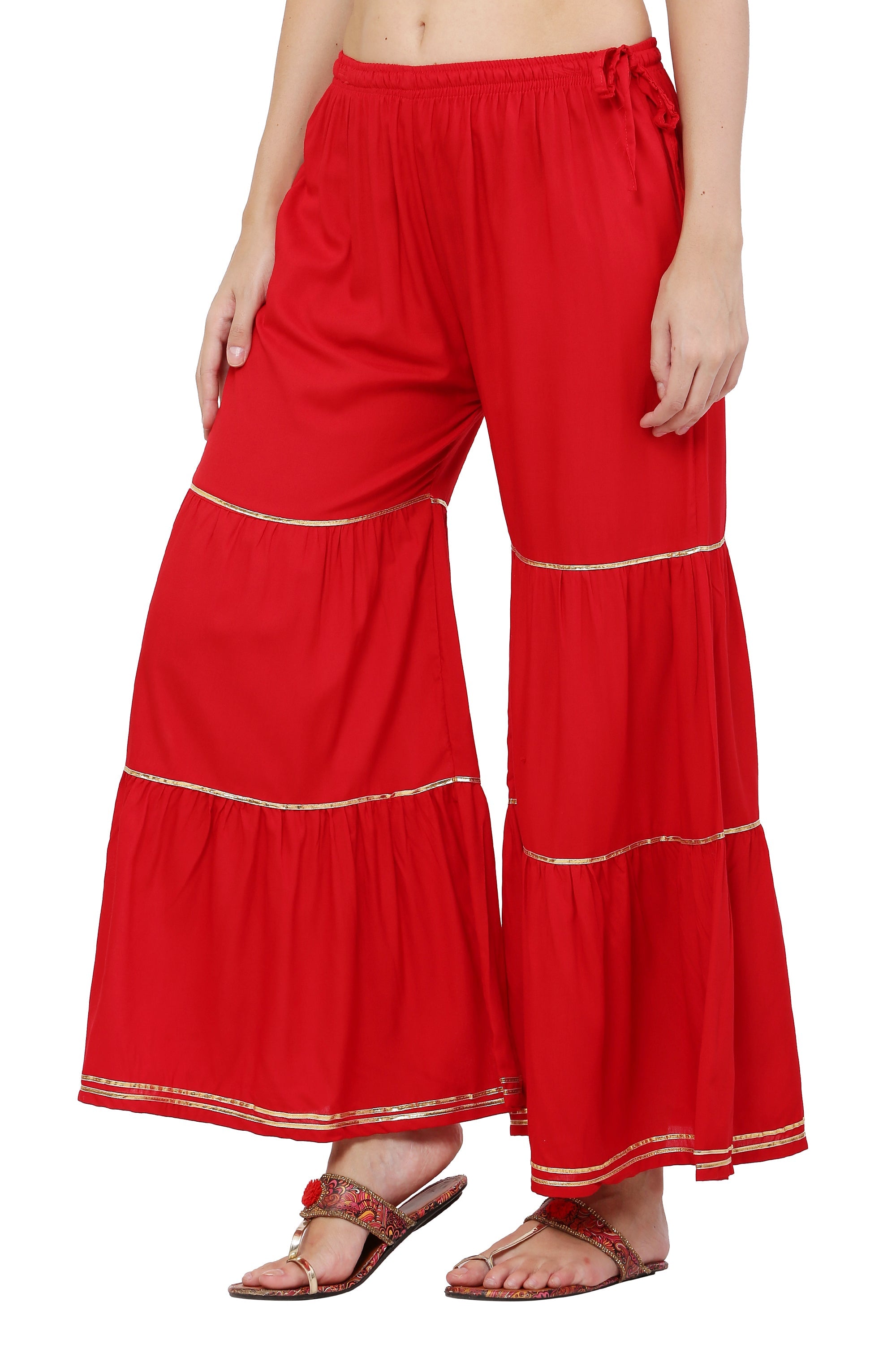 PAVONINE Red Color 3-Panels Golden Gota Flared Sharara For Women | Grocsy