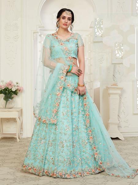Myra Baby Blue Heavy Embroidered Net Lehenga | Grocsy