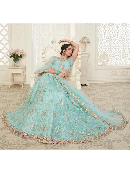 Myra Baby Blue Heavy Embroidered Net Lehenga | Grocsy