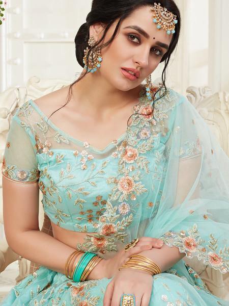 Myra Baby Blue Heavy Embroidered Net Lehenga | Grocsy