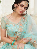 Myra Baby Blue Heavy Embroidered Net Lehenga | Grocsy