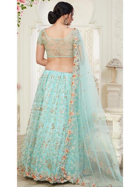 Myra Baby Blue Heavy Embroidered Net Lehenga | Grocsy