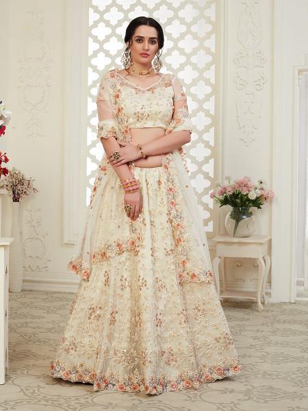 Myra Cream Heavy Embroidered Net Lehenga | Grocsy