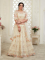Myra Cream Heavy Embroidered Net Lehenga | Grocsy