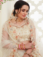 Myra Cream Heavy Embroidered Net Lehenga | Grocsy