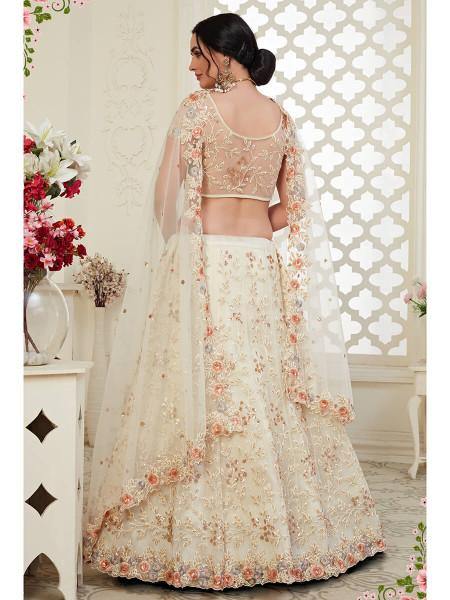 Myra Cream Heavy Embroidered Net Lehenga | Grocsy