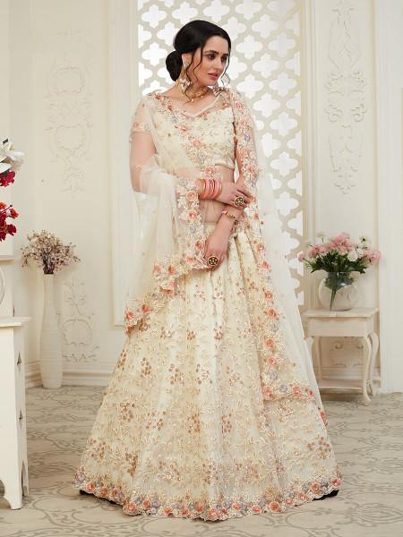 Myra Cream Heavy Embroidered Net Lehenga | Grocsy