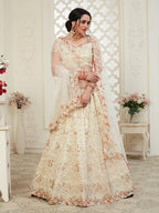 Myra Cream Heavy Embroidered Net Lehenga | Grocsy