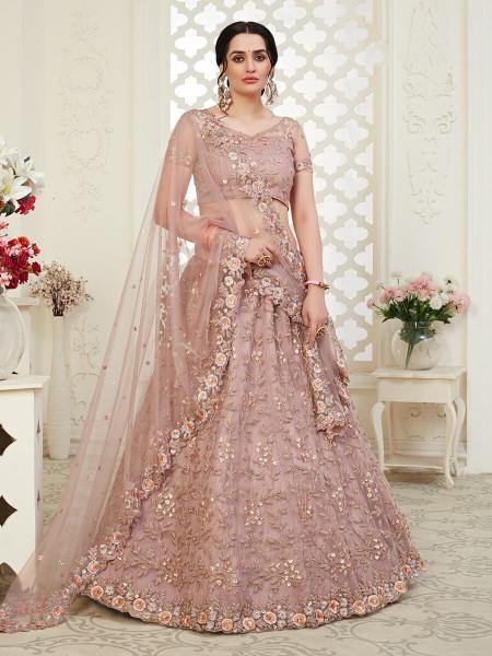 Myra Beautiful Dusty Pink Heavy Embroidered Net Lehenga | Grocsy