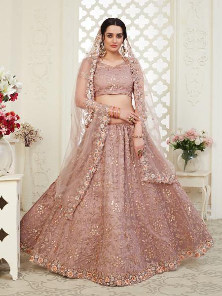 Myra Beautiful Dusty Pink Heavy Embroidered Net Lehenga | Grocsy