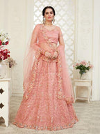 Myra Dusty Pink Heavy Embroidered Net Lehenga | Grocsy
