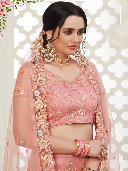 Myra Dusty Pink Heavy Embroidered Net Lehenga | Grocsy