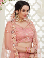 Myra Dusty Pink Heavy Embroidered Net Lehenga | Grocsy
