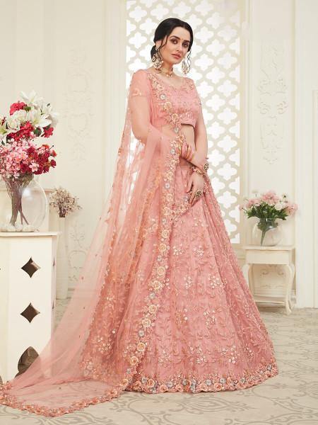 Myra Dusty Pink Heavy Embroidered Net Lehenga | Grocsy
