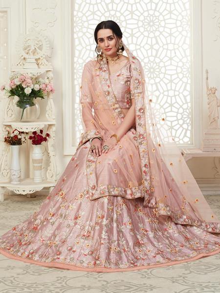 Myra Peach Mulberry Embroidered Lehenga | Grocsy