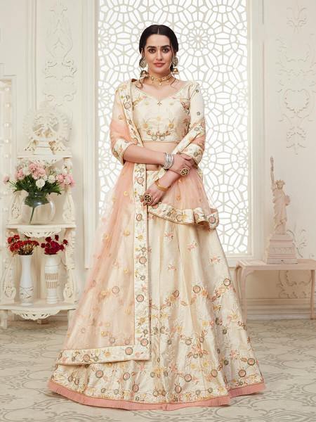 Myra Cream Mulberry Embroidered Lehenga | Grocsy