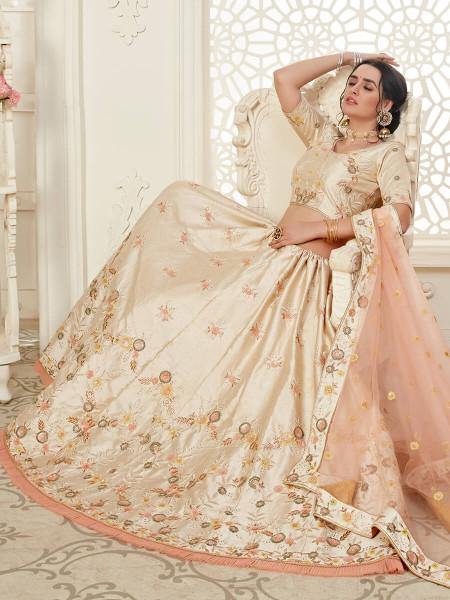 Myra Cream Mulberry Embroidered Lehenga | Grocsy