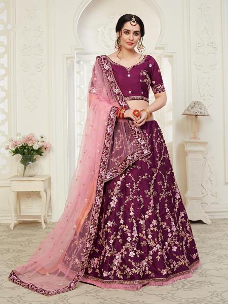 Myra Wine Mulberry Embroidered Lehenga | Grocsy