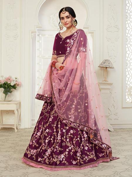 Myra Wine Mulberry Embroidered Lehenga | Grocsy