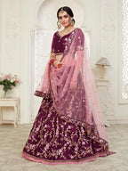 Myra Wine Mulberry Embroidered Lehenga | Grocsy