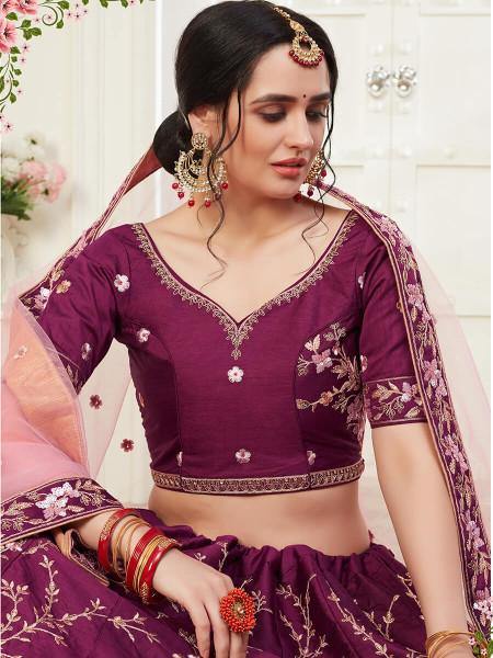 Myra Wine Mulberry Embroidered Lehenga | Grocsy