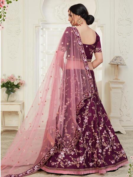 Myra Wine Mulberry Embroidered Lehenga | Grocsy