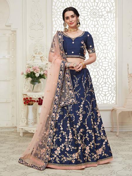 Myra Navy Blue Mulberry Embroidered Lehenga | Grocsy