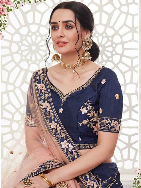 Myra Navy Blue Mulberry Embroidered Lehenga | Grocsy