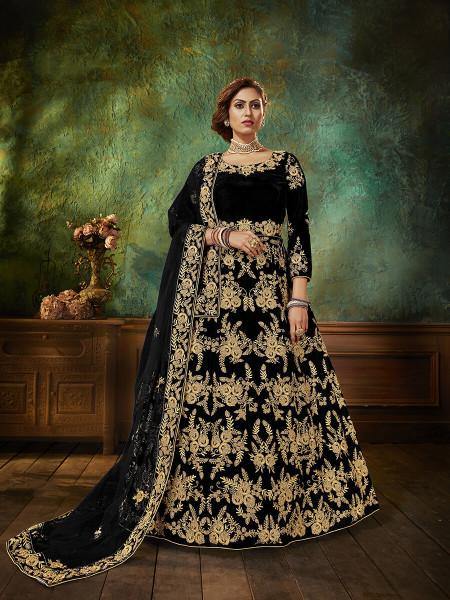 Myra Black Velvet Embroidered Anarkali Suit | Grocsy