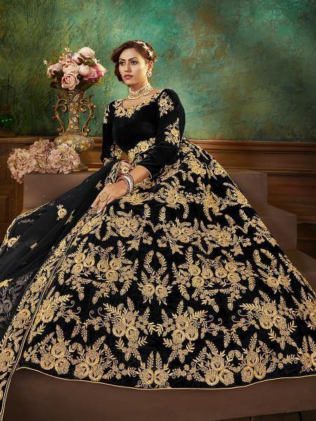 Myra Black Velvet Embroidered Anarkali Suit | Grocsy