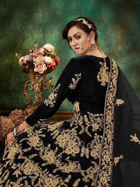 Myra Black Velvet Embroidered Anarkali Suit | Grocsy
