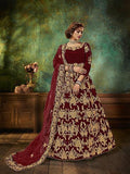 Myra Maroon Velvet Embroidered Anarkali Suit | Grocsy
