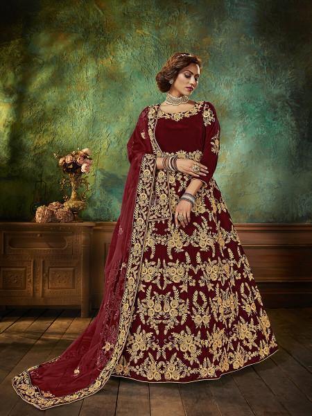 Myra Maroon Velvet Embroidered Anarkali Suit | Grocsy