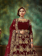 Myra Maroon Velvet Embroidered Anarkali Suit | Grocsy