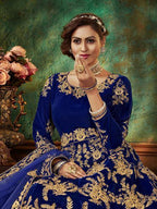 Myra Blue Velvet Embroidered Anarkali Suit | Grocsy