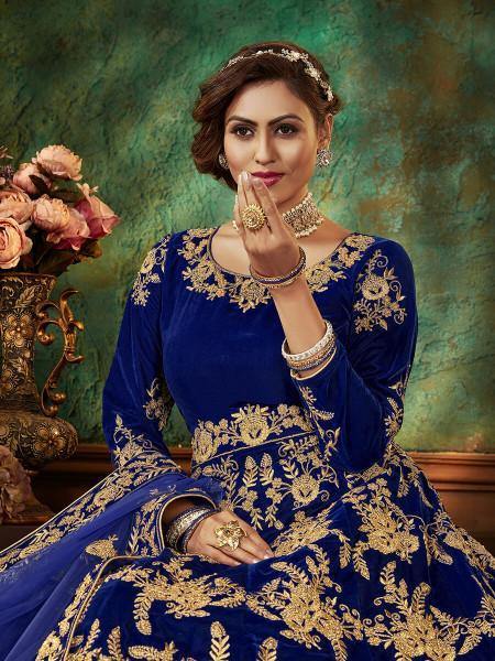 Myra Blue Velvet Embroidered Anarkali Suit | Grocsy