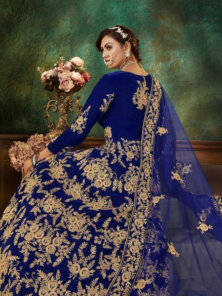 Myra Blue Velvet Embroidered Anarkali Suit | Grocsy