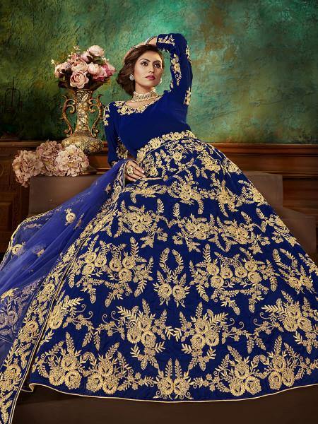 Myra Blue Velvet Embroidered Anarkali Suit | Grocsy