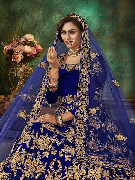 Myra Blue Velvet Embroidered Anarkali Suit | Grocsy