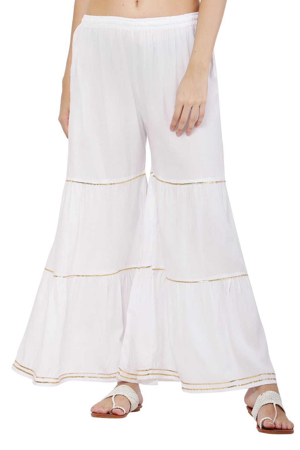 PAVONINE White Color 3-Panels Golden Gota Flared Sharara For Women | Grocsy