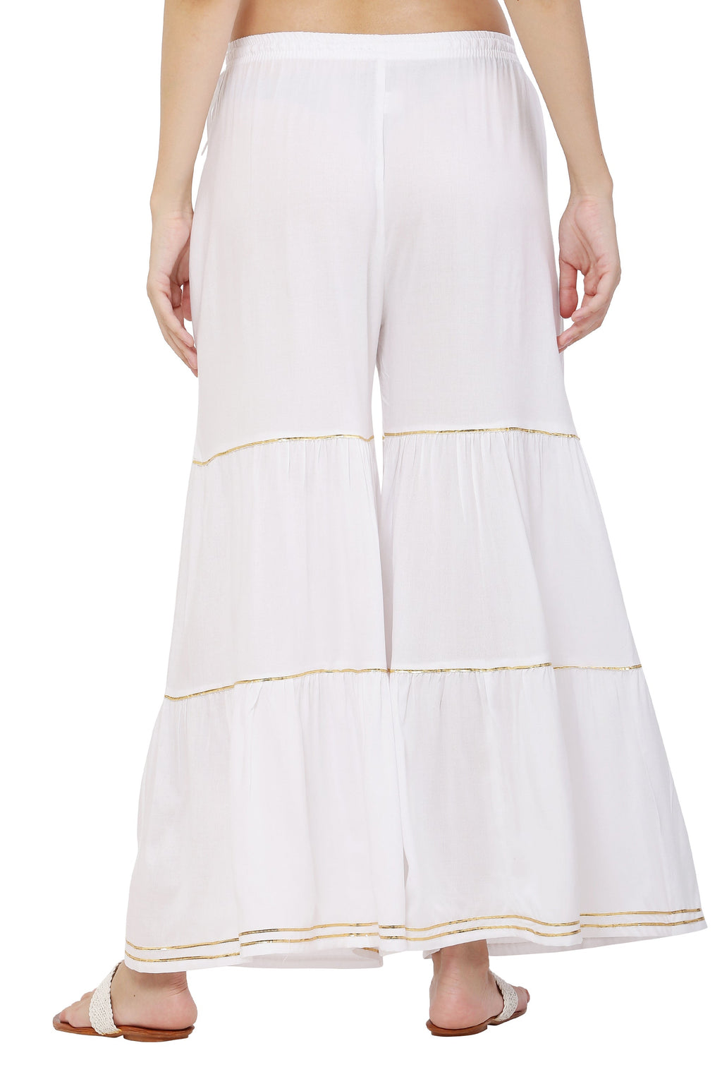PAVONINE White Color 3-Panels Golden Gota Flared Sharara For Women | Grocsy