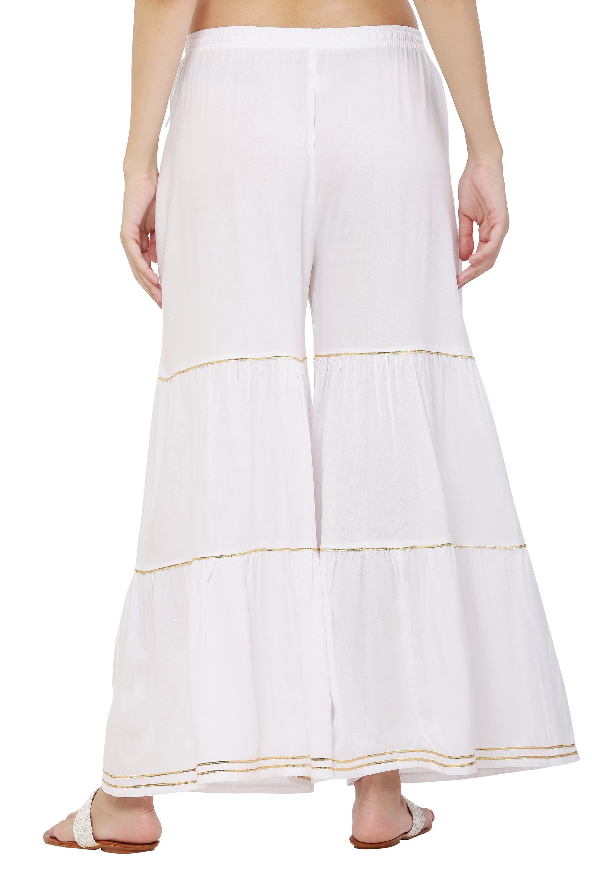 PAVONINE White Color 3-Panels Golden Gota Flared Sharara For Women | Grocsy
