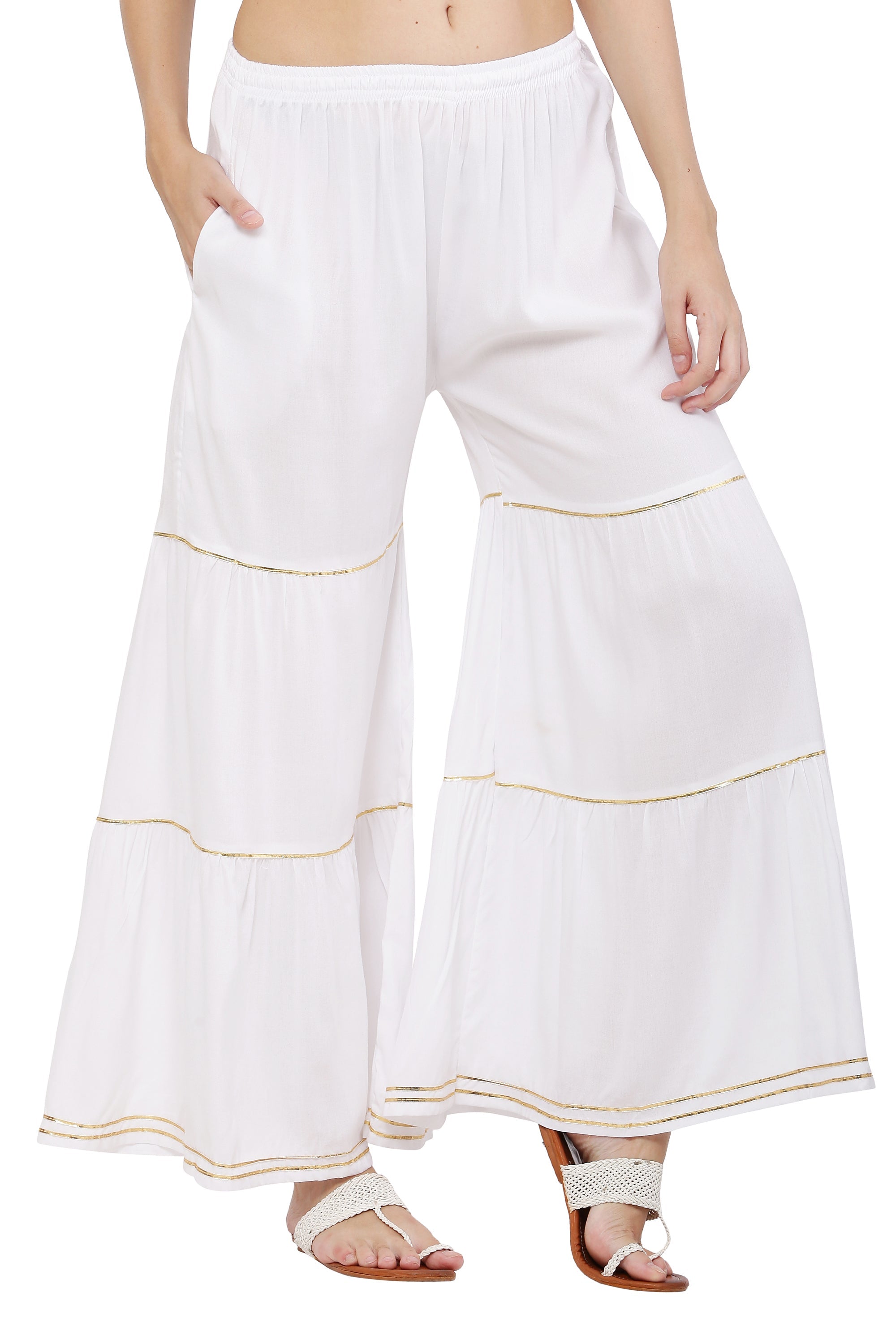 PAVONINE White Color 3-Panels Golden Gota Flared Sharara For Women | Grocsy